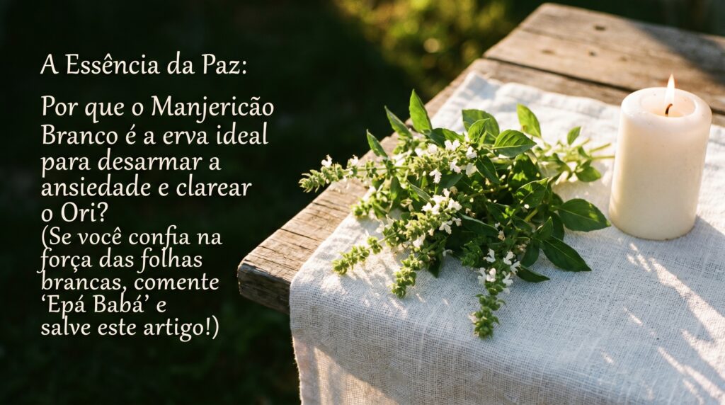 Maço de manjericão branco fresco e vela branca acesa sobre mesa rústica para banho de Oxalá.